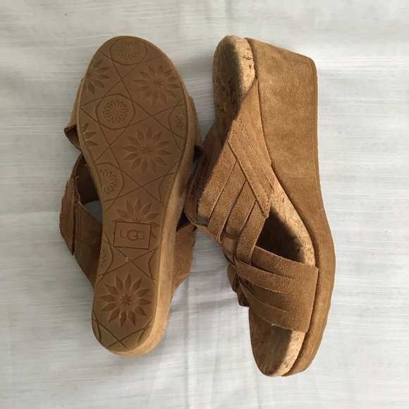 UGG WOMEN CARMAL TAN BRAIDED CRISS CROSS LEATHER WOOD WEDGE SANDALS SIZE 7 - Picture 7 of 8